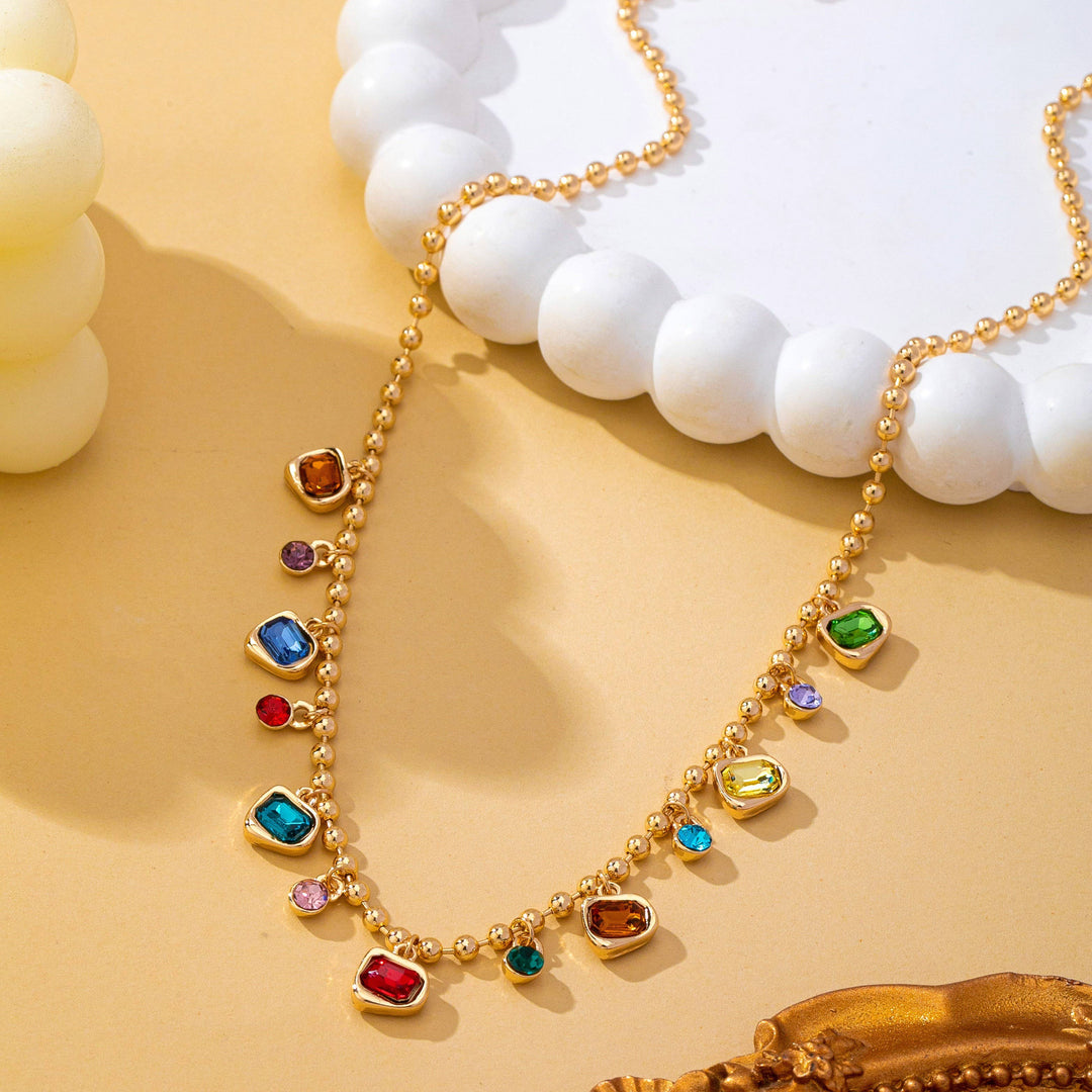 Accessories, Necklaces - Brass Multi-Color Glass Gem Charm Chain Necklace | 80N93682 - - Cultured Cloths Apparel