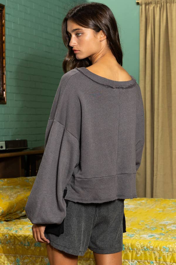 Lantern Sleeve Button-up French Terry Crop Top