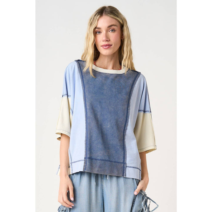 Women's Short Sleeve - MINERAL WASH COLOR BLOCK RELAXED FIT SHORT SLEEVE TOP - - Cultured Cloths Apparel