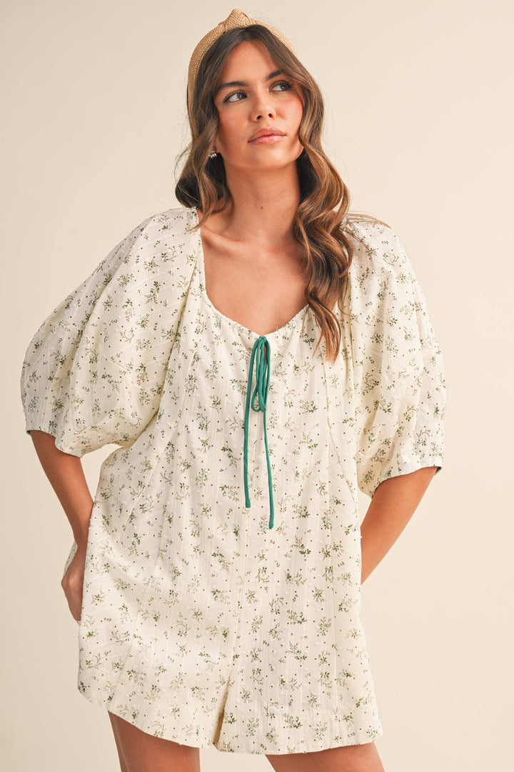 Women's Rompers - FLORAL SWISS DOT OVERSIZED PUFF SLEEVE ROMPER - - Cultured Cloths Apparel