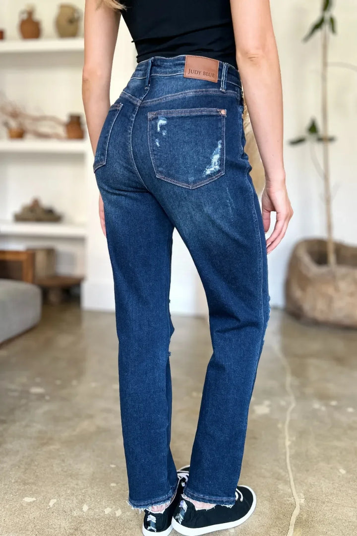 Denim - Judy Blue Full Size High Waist Rigid Magic Heavy Destroy Straight Jeans - - Cultured Cloths Apparel