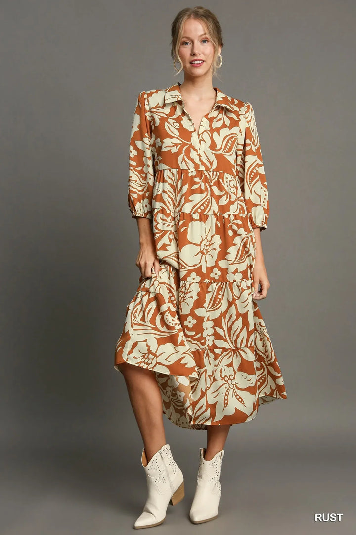 Women's Dresses - Umgee Full Size Floral Tiered Midi Shirt Dress - Rust - Cultured Cloths Apparel