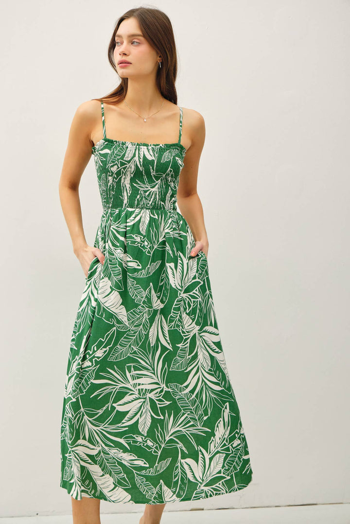 SMOCKED PRINTED MIDI DRESS