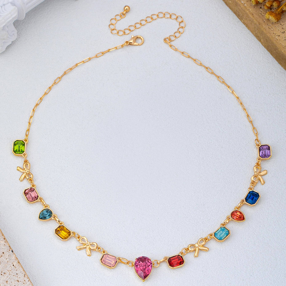 Accessories, Necklaces - Multi color Teardrop Square Crystal Bow Necklace | 80N93253 - - Cultured Cloths Apparel