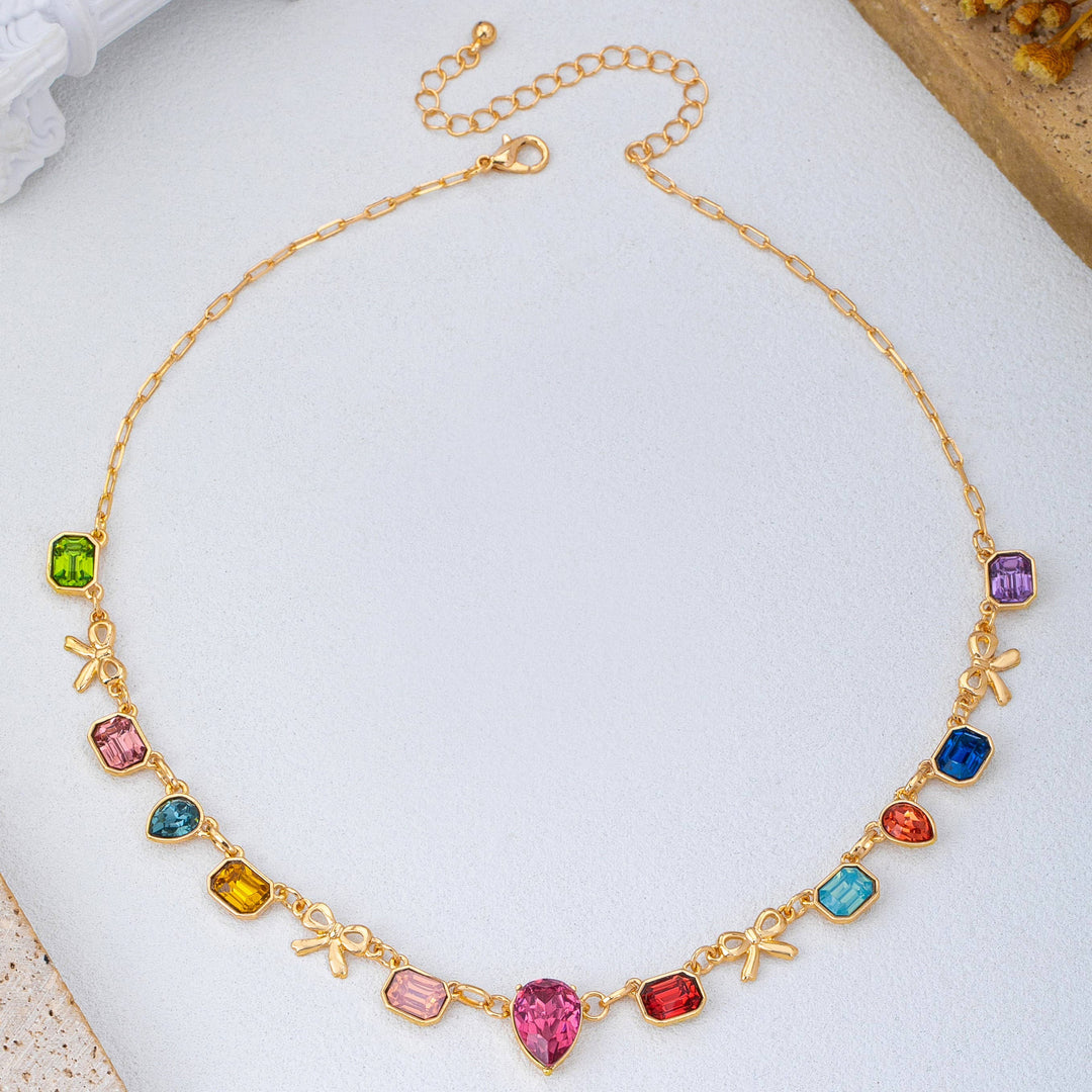 Accessories, Necklaces - Multi color Teardrop Square Crystal Bow Necklace | 80N93253 - - Cultured Cloths Apparel