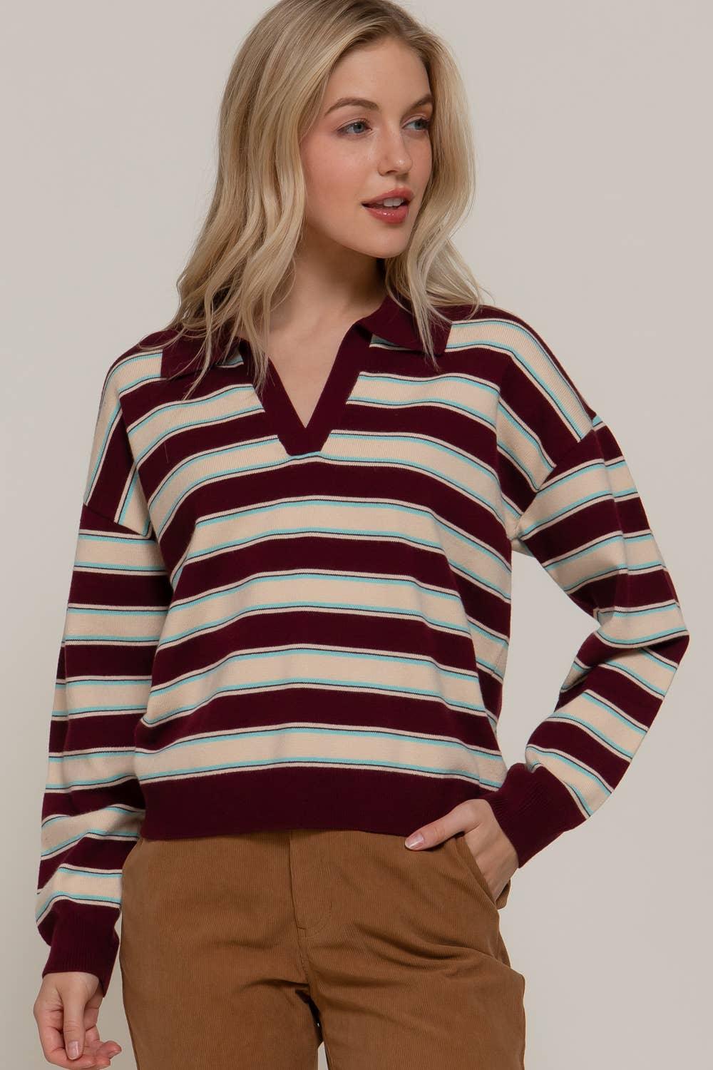 Women's Sweaters - Long Sleeve Multi Stripe Polo Sweater - - Cultured Cloths Apparel