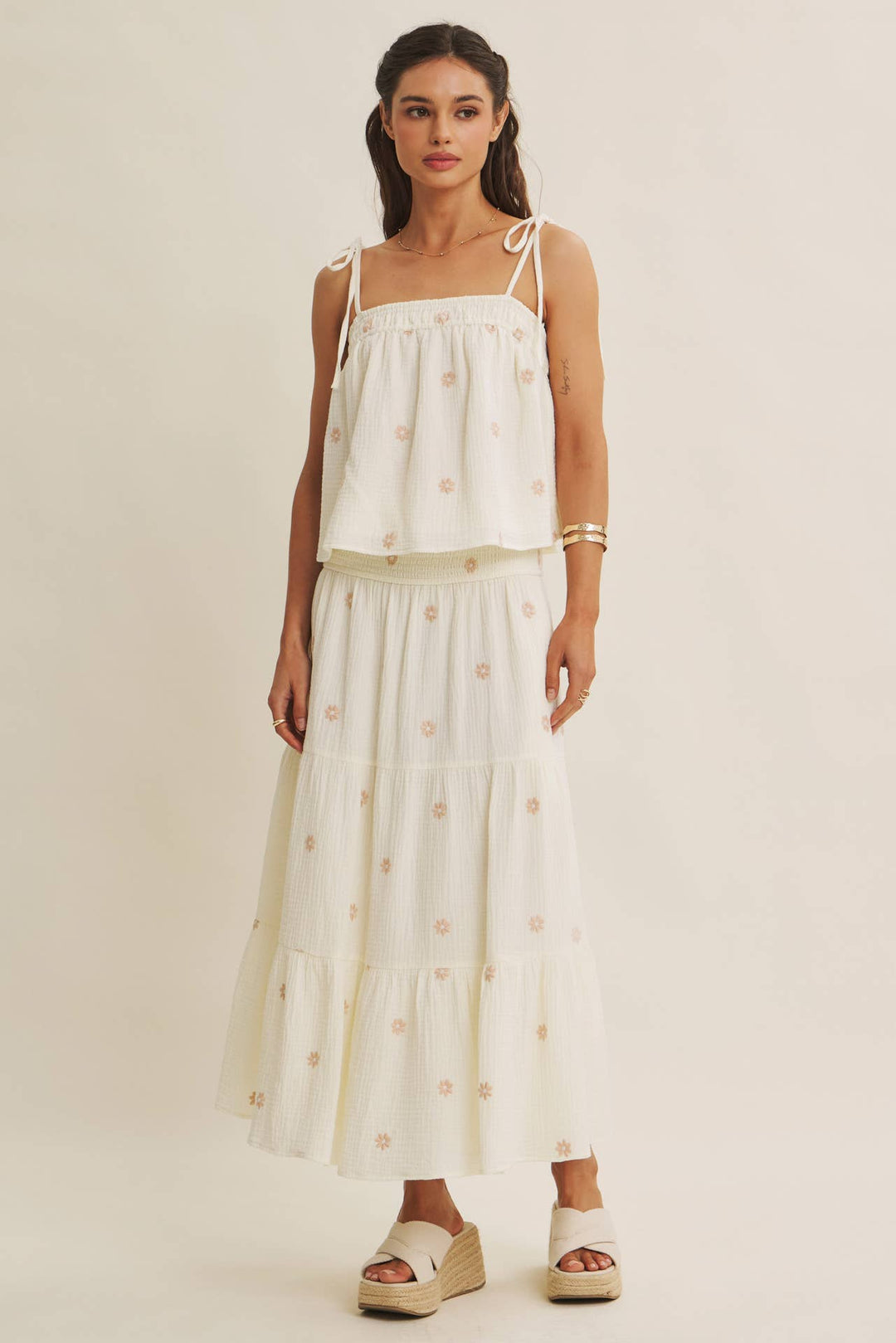 Women's Skirts - SUNSET FIELD EMBROIDERED COTTON GAUZE SMOCKED MIDI SKIRTS - - Cultured Cloths Apparel