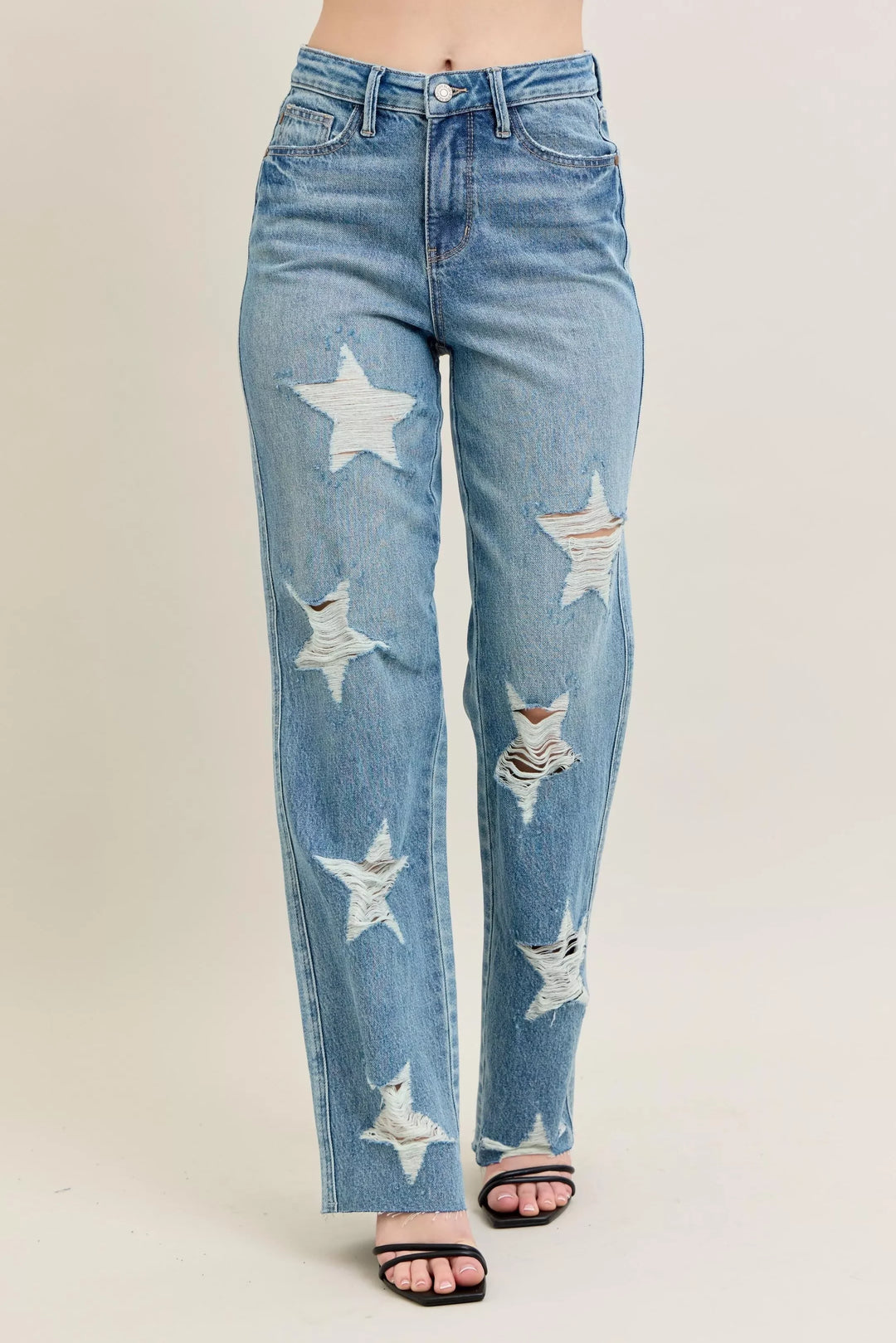 Denim - Judy Blue Full Size High Waist Rigid Magic Star Shaped Destroy 90's Straight Jeans Plus Size - - Cultured Cloths Apparel