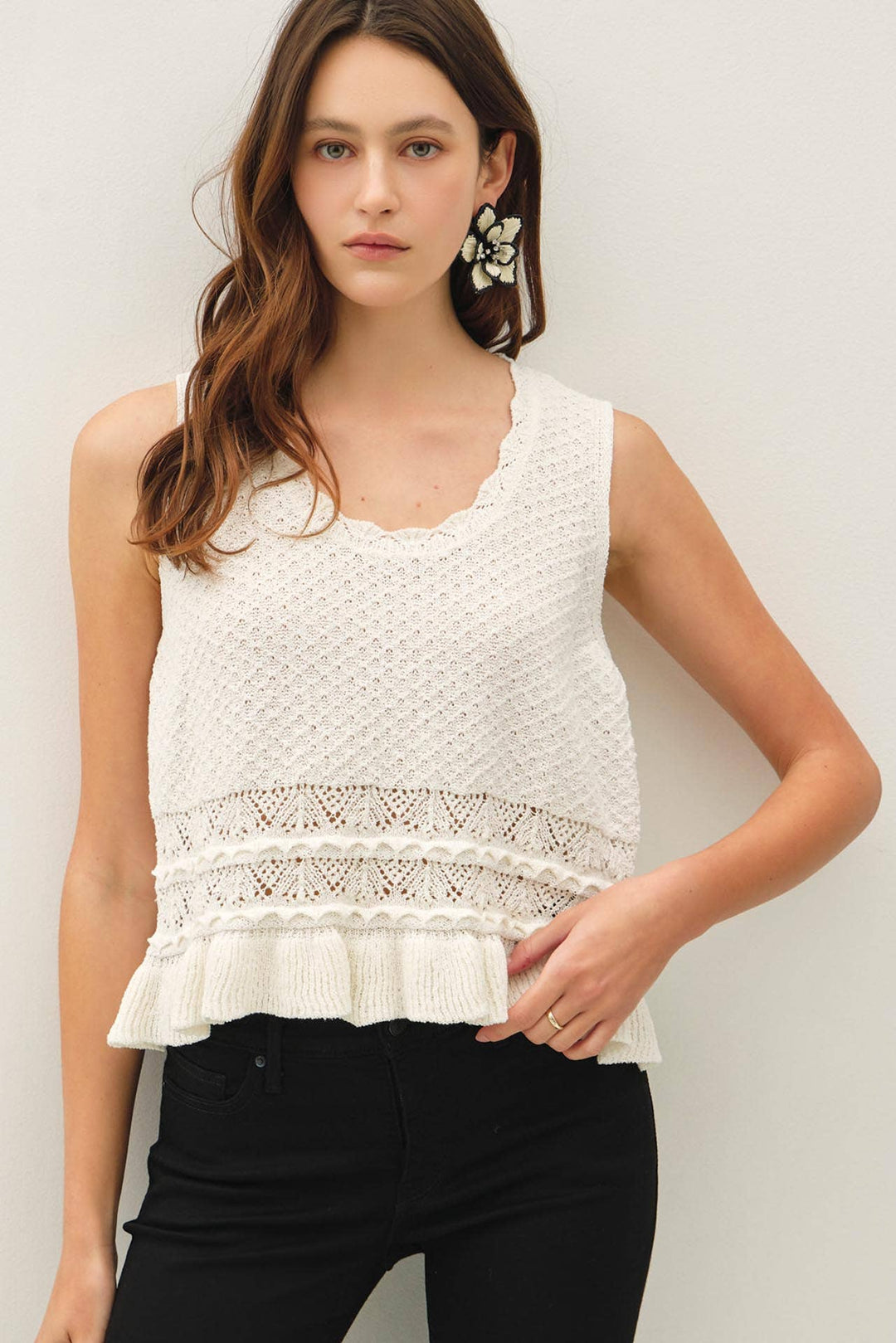 Women's Sleeveless - RUFFLED CROCHET TEXTURED KNIT TOP - - Cultured Cloths Apparel