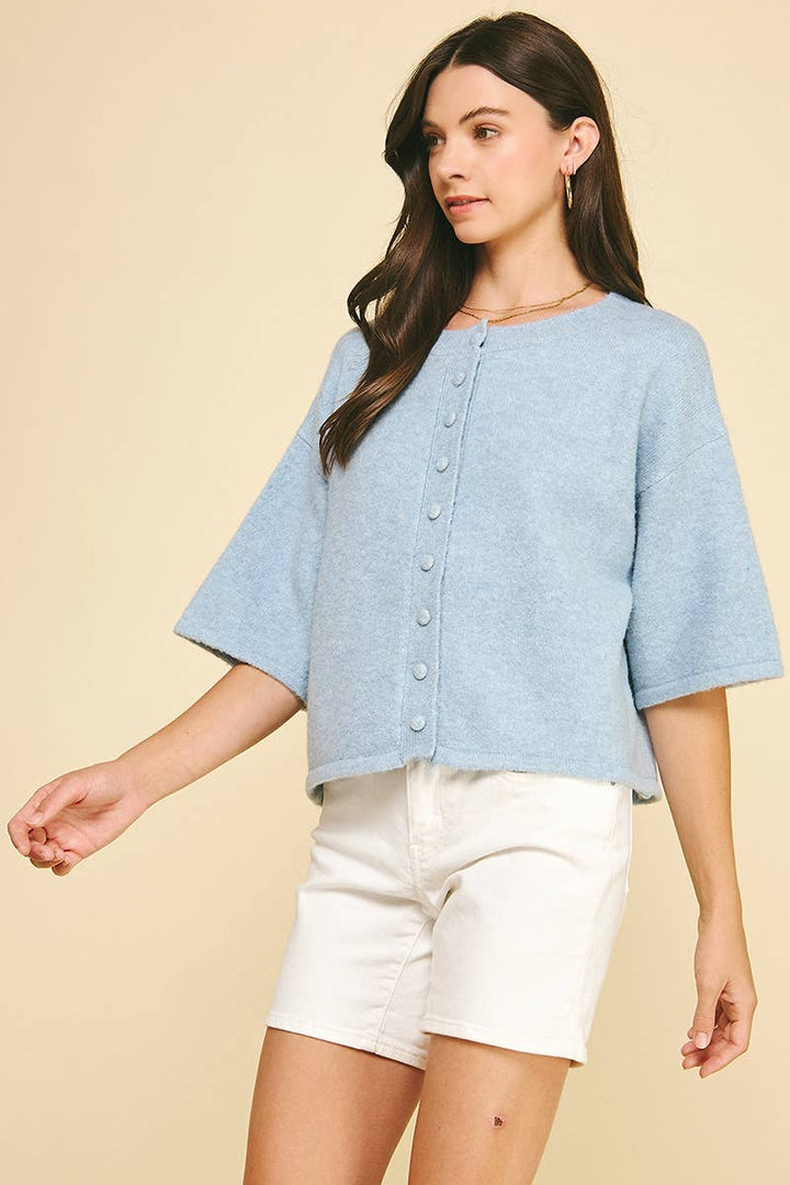 BLUE BUTTON DOWN SHORT SLEEVE SWEATER