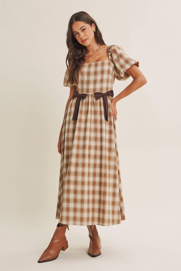 Women's Dresses - GOLDEN FIELD PLAID SMOCKED MIDI DRESS WITH CONTRAST BOW - M - Cultured Cloths Apparel