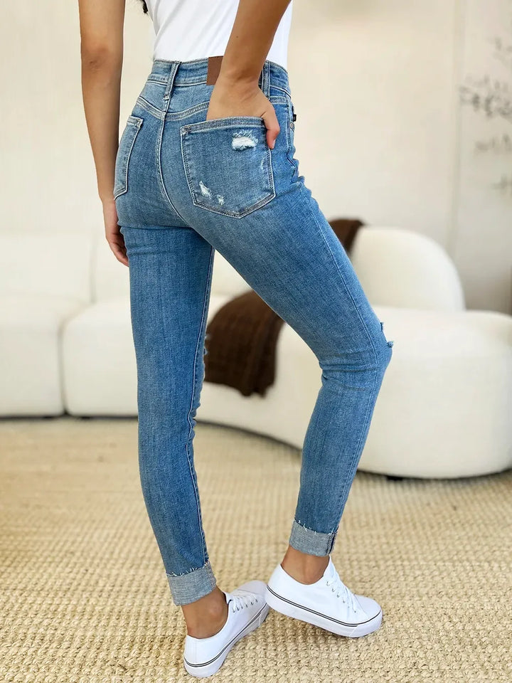 Denim - Judy Blue Full Size Mid Rise Destroy & Cuff Skinny Jeans - - Cultured Cloths Apparel
