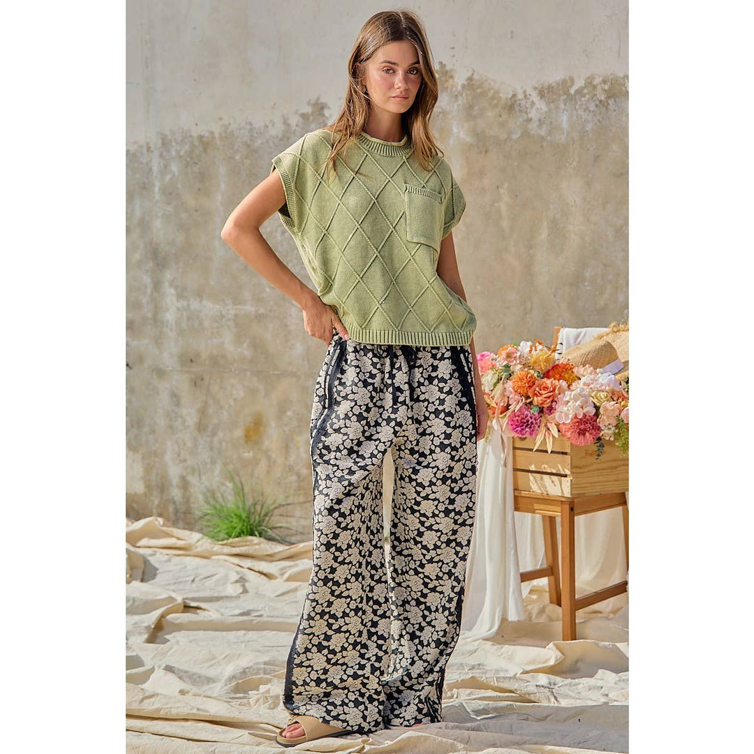 FLORAL JACQUARD SIDE LACE TRIM ELASTIC PANTS