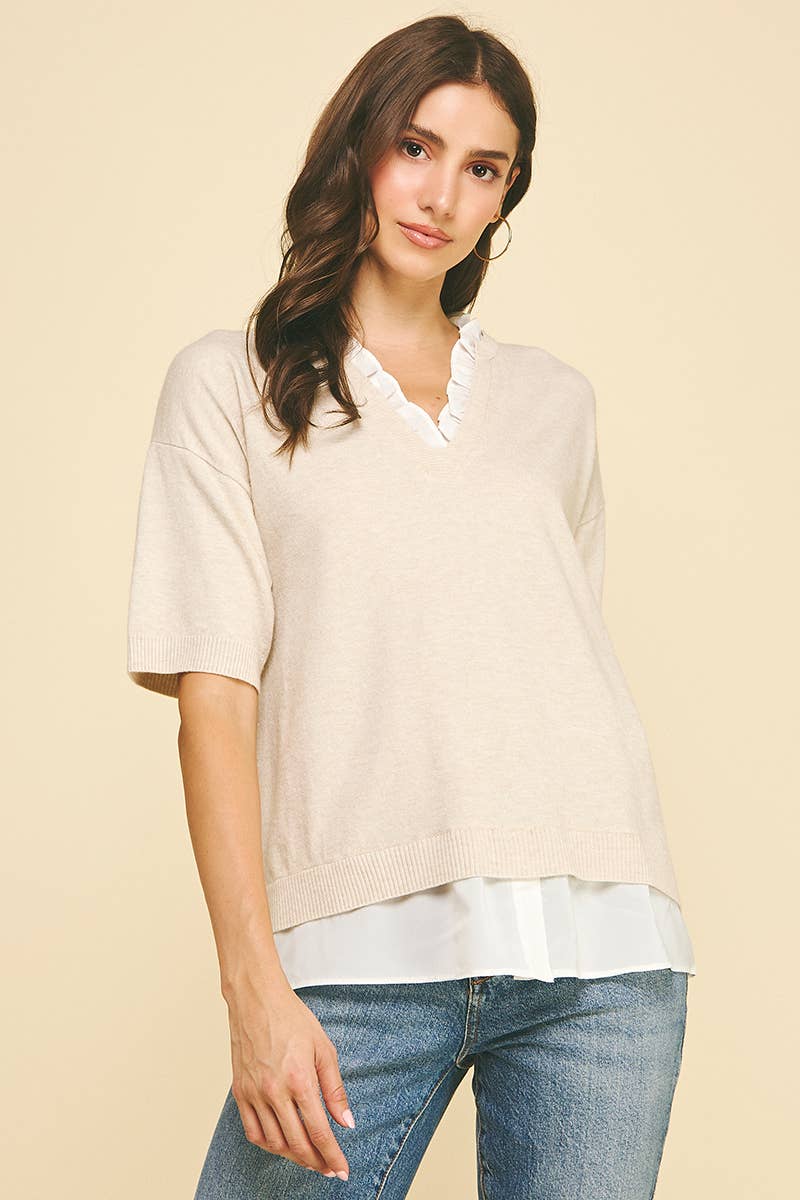 Women's Short Sleeve - MIXED MEDIA LAYERED KNIT TOP - - Cultured Cloths Apparel