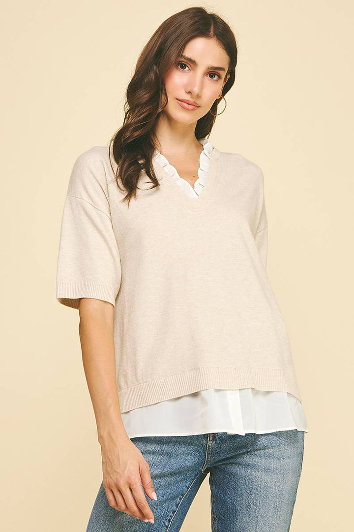Women's Short Sleeve - MIXED MEDIA LAYERED KNIT TOP - - Cultured Cloths Apparel