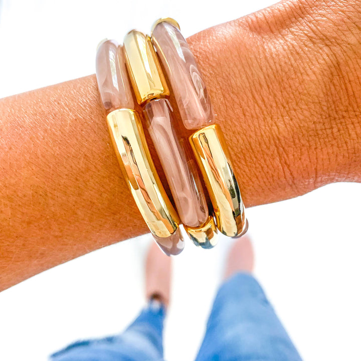 Accessories, Bracelets - Gold Acrylic Tube Bamboo Bracelets - Marble Tan/Gold - Cultured Cloths Apparel