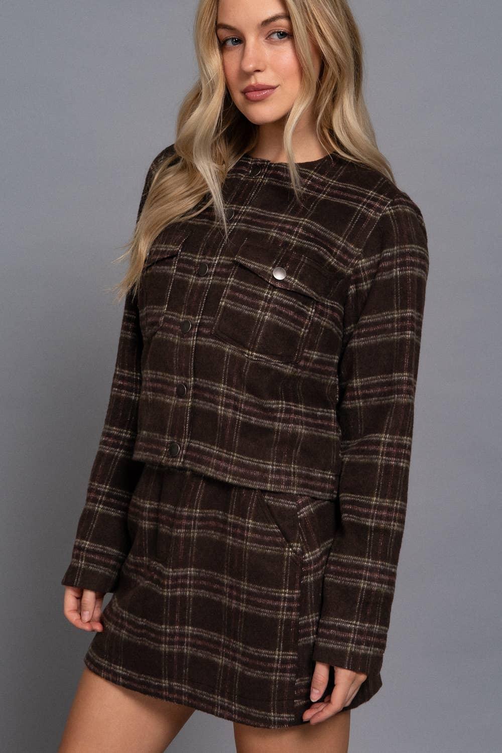 Outerwear - Long Sleeve Round Neck Brushed Plaid Jacket - - Cultured Cloths Apparel