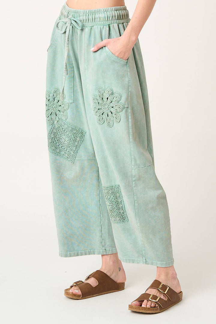 MINERAL WASH CROCHET PATCH BARREL LEG PANTS