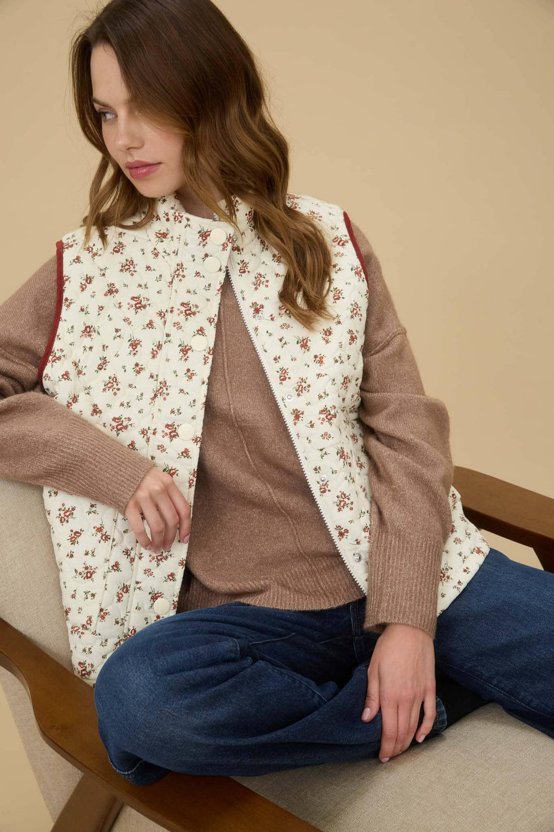 Outerwear - FLORAL QUILTED ZIP-UP PUFFER VEST - CREAM MULTI - Cultured Cloths Apparel