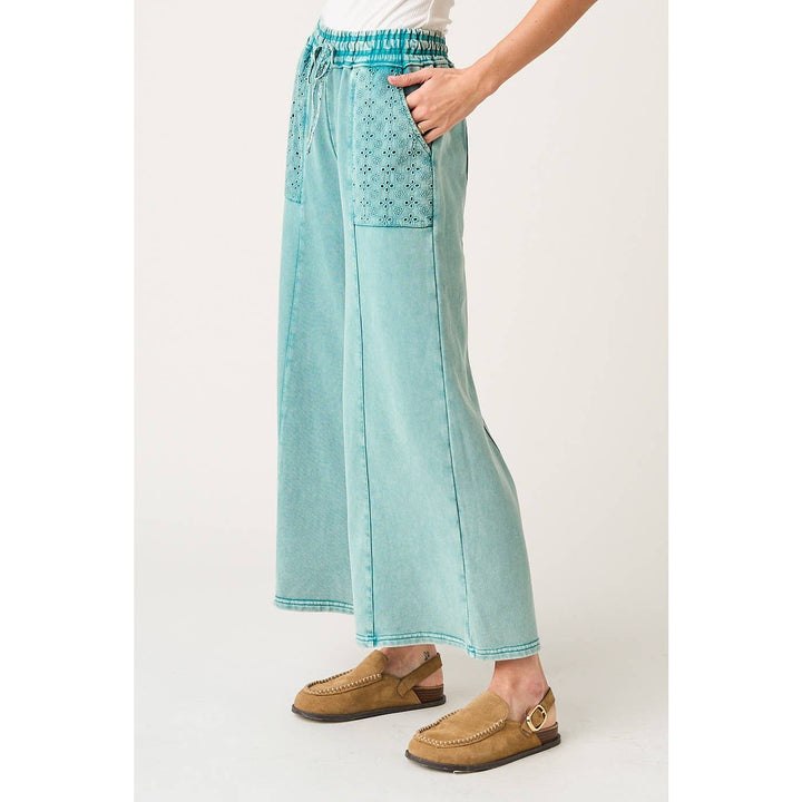 Pants - EYELET LACE POCKET MINERAL WASH WIDE LEG PANTS - - Cultured Cloths Apparel