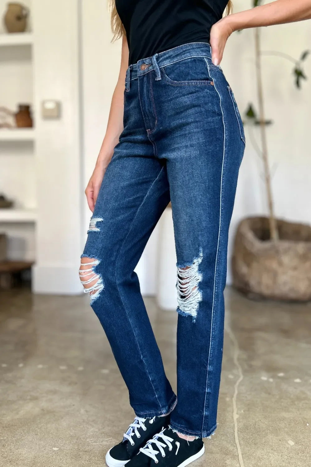 Denim - Judy Blue Full Size High Waist Rigid Magic Heavy Destroy Straight Jeans - - Cultured Cloths Apparel
