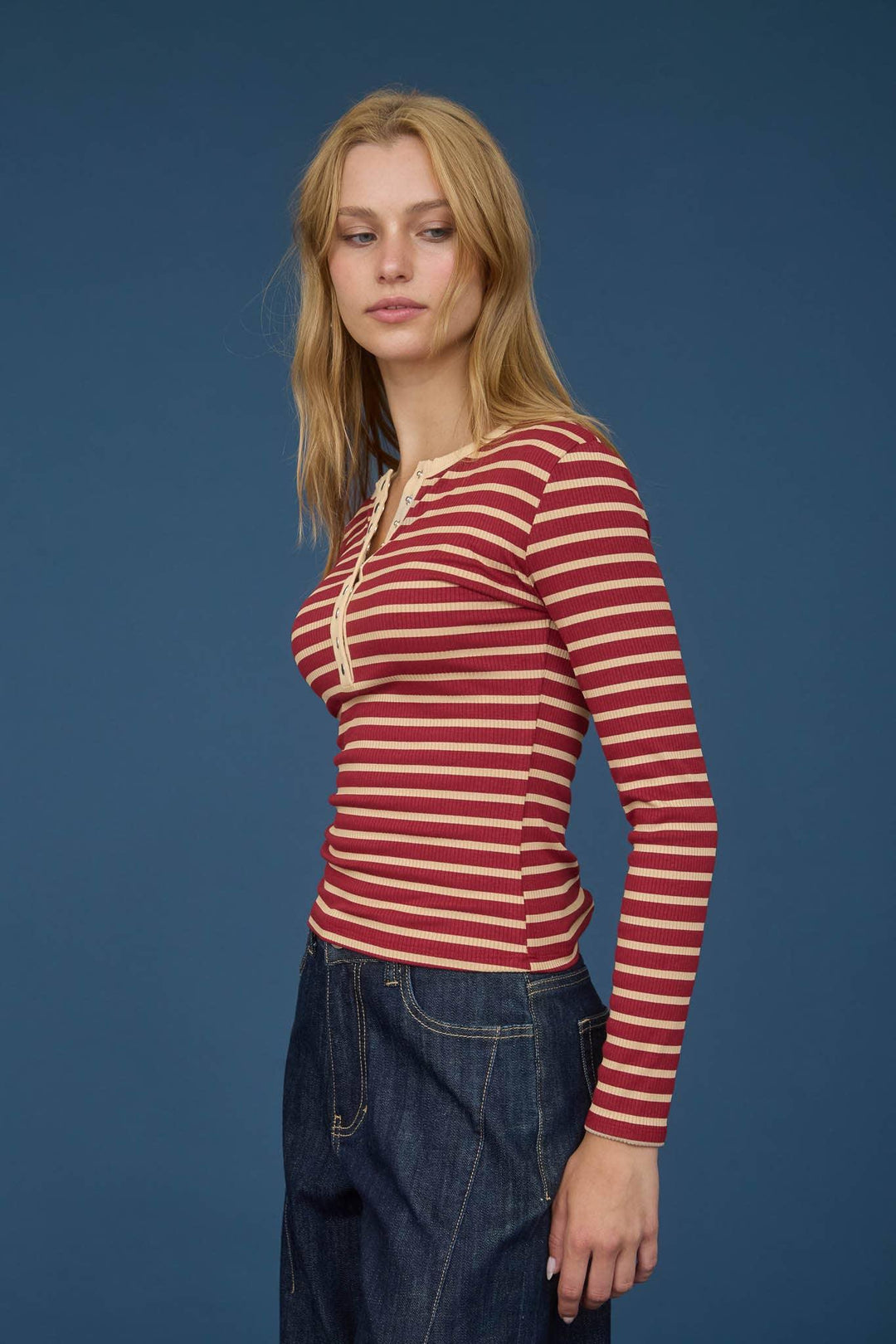 Women's Long Sleeve - STRIPE SNAP BUTTON HENLEY RIB KNIT TOP - - Cultured Cloths Apparel