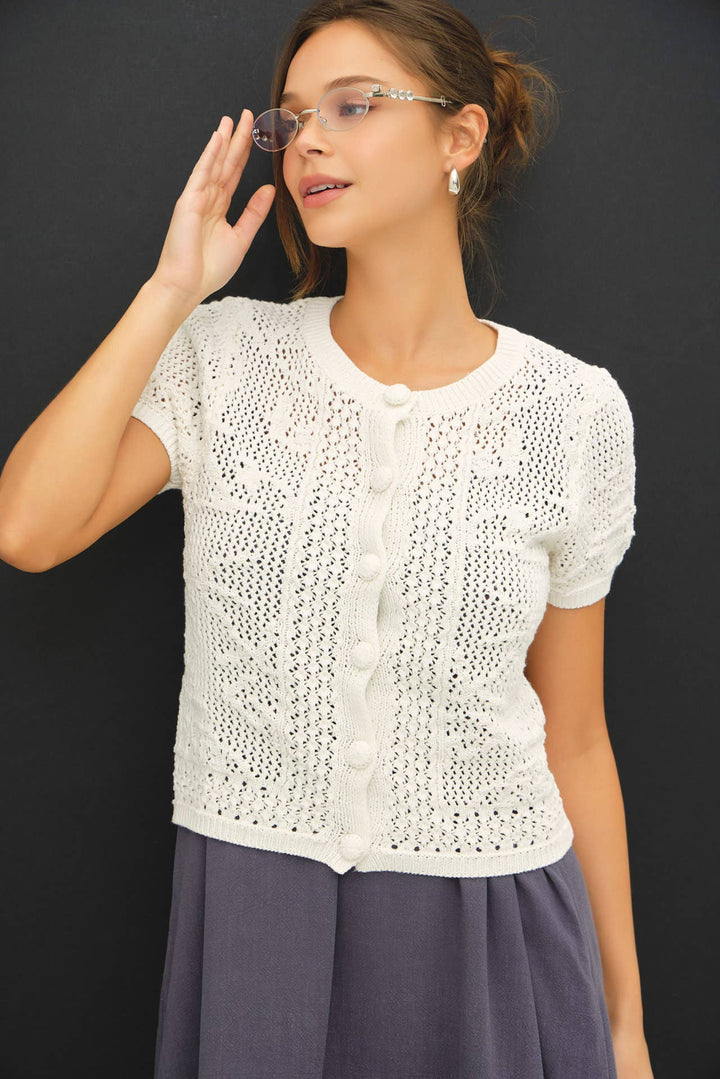Women's Short Sleeve - PATTERNED CROCHET SHORT SLEEVE CROP CARDIGAN - - Cultured Cloths Apparel
