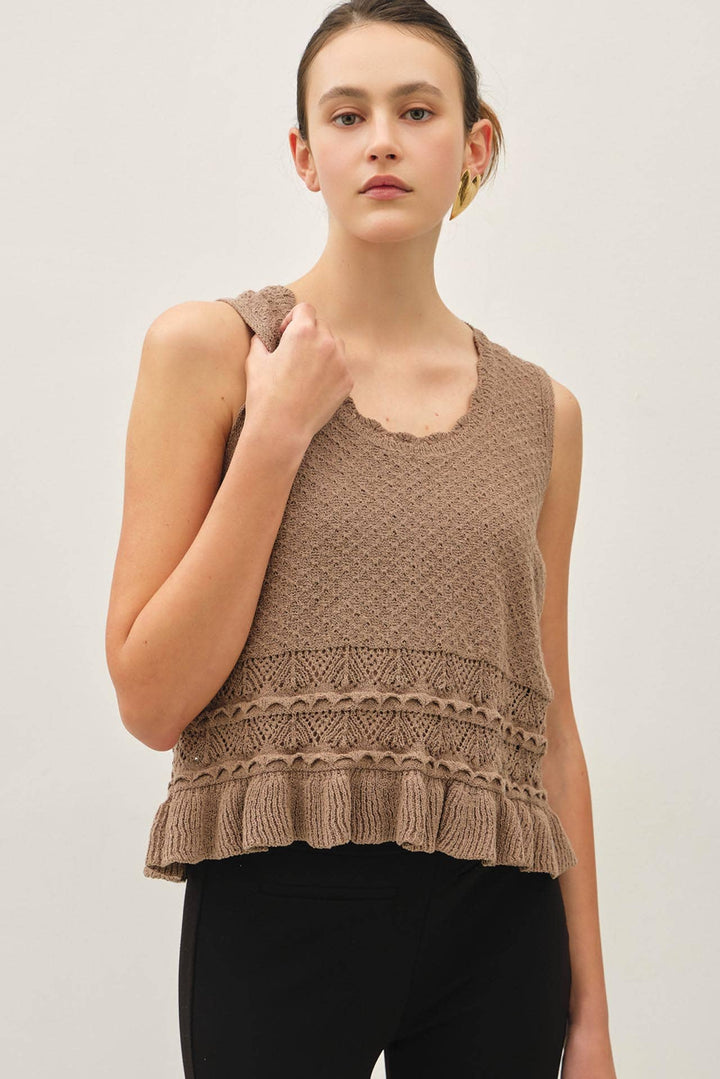 Women's Sleeveless - RUFFLED CROCHET TEXTURED KNIT TOP - - Cultured Cloths Apparel
