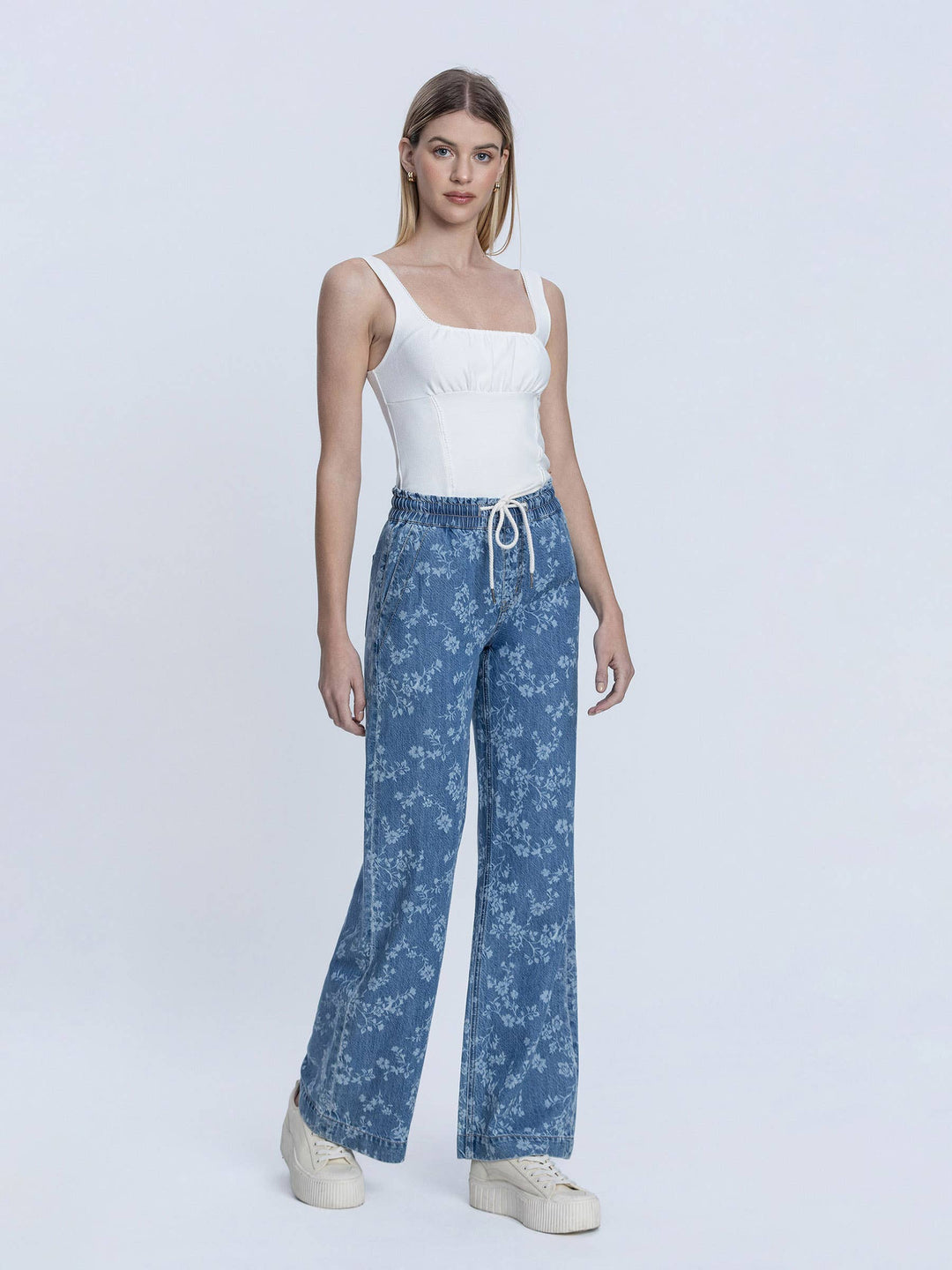 Denim - HIGH RISE FLORAL PRINT BAGGY WIDE LEG JEANS - - Cultured Cloths Apparel