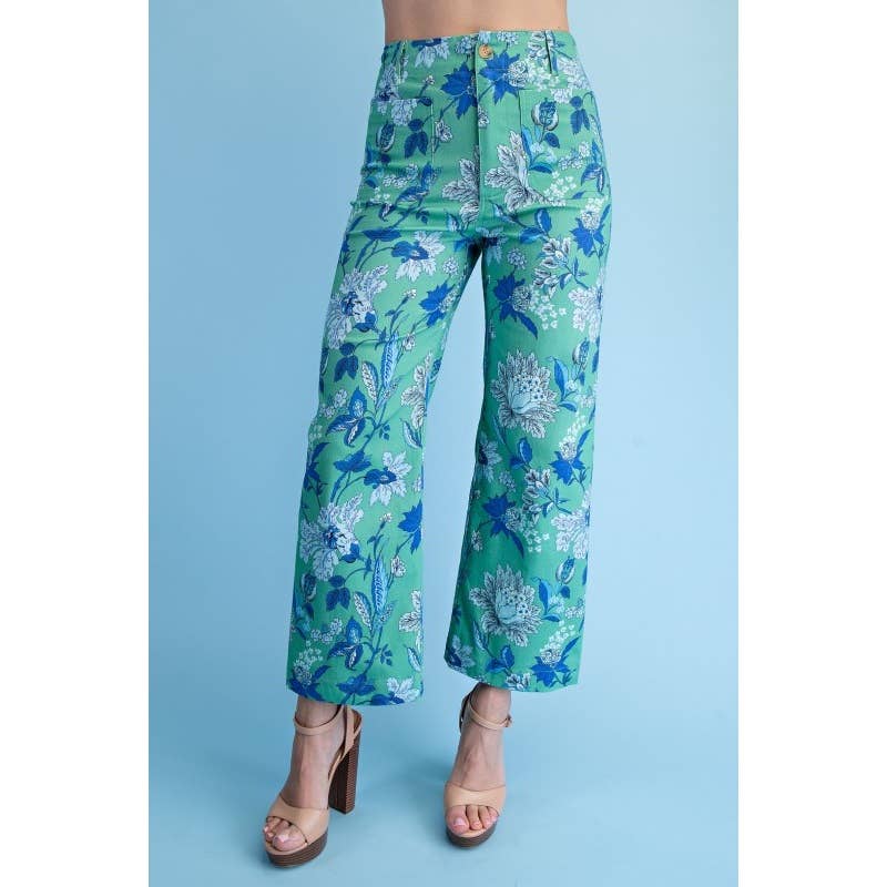 Pants - Floral Ankle Cropped Pants - GREEN MIX - Cultured Cloths Apparel