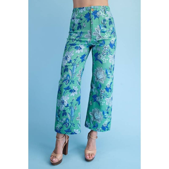 Pants - Floral Ankle Cropped Pants - GREEN MIX - Cultured Cloths Apparel