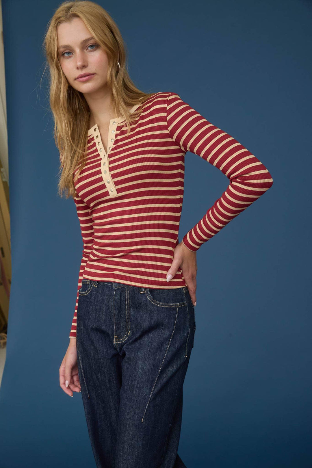 Women's Long Sleeve - STRIPE SNAP BUTTON HENLEY RIB KNIT TOP - - Cultured Cloths Apparel