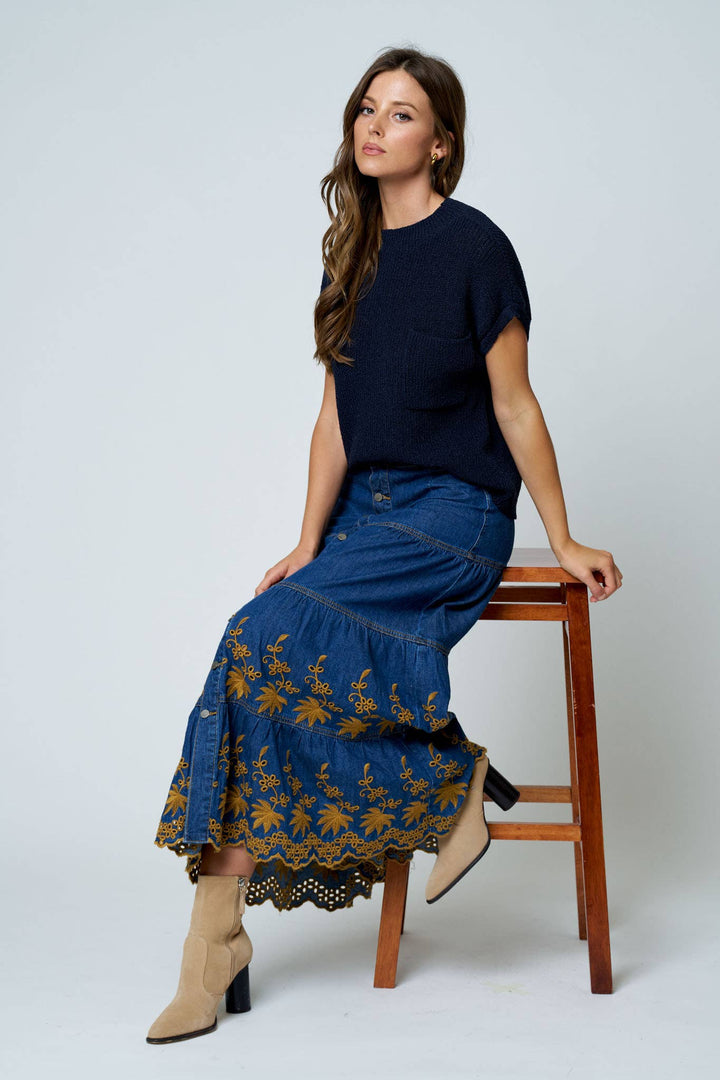 POCKET DETAIL DROP SHOULDER SHORT SLEEVE SWEATER