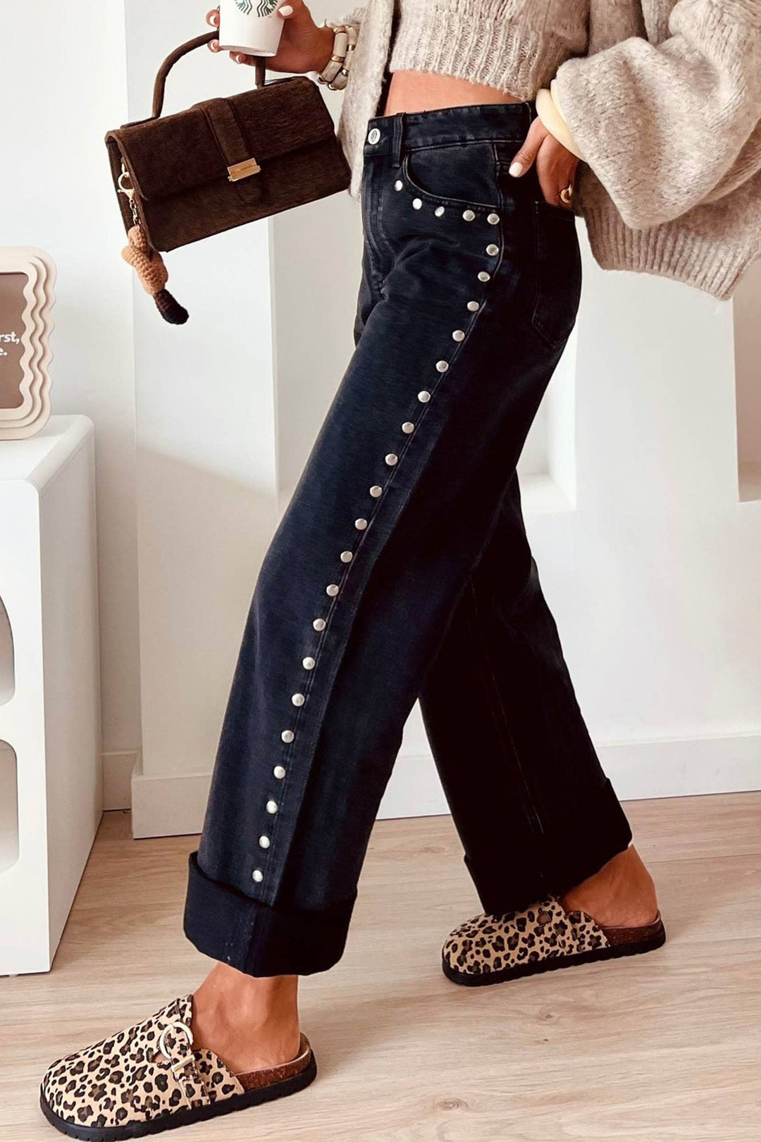 66 Fall 2026 High Waisted Studded Wide Leg Jeans
