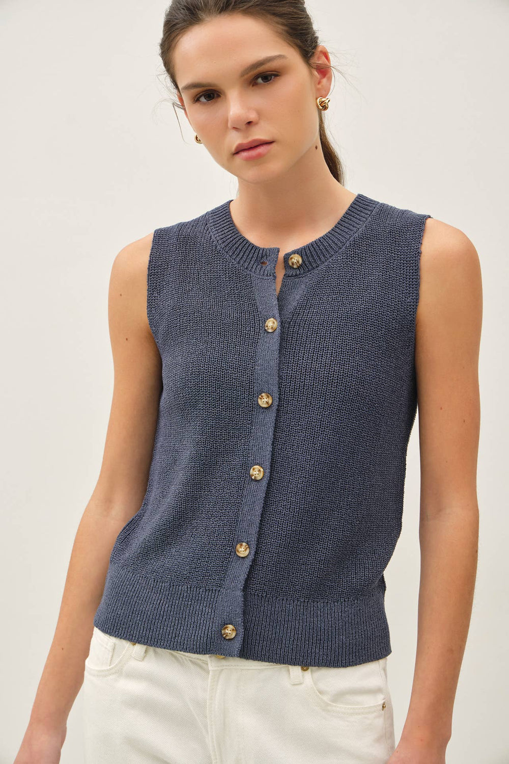 Women's Sleeveless - LIGHT WEIGHT BUTTON UP SWEATER VEST - SLATE - Cultured Cloths Apparel