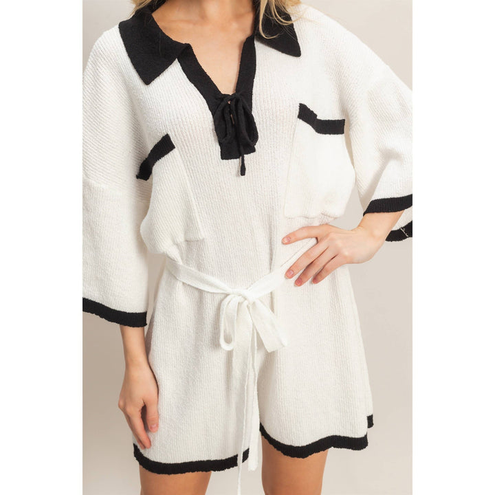 Women's Rompers - Knit Romper With Contrast Tie - - Cultured Cloths Apparel
