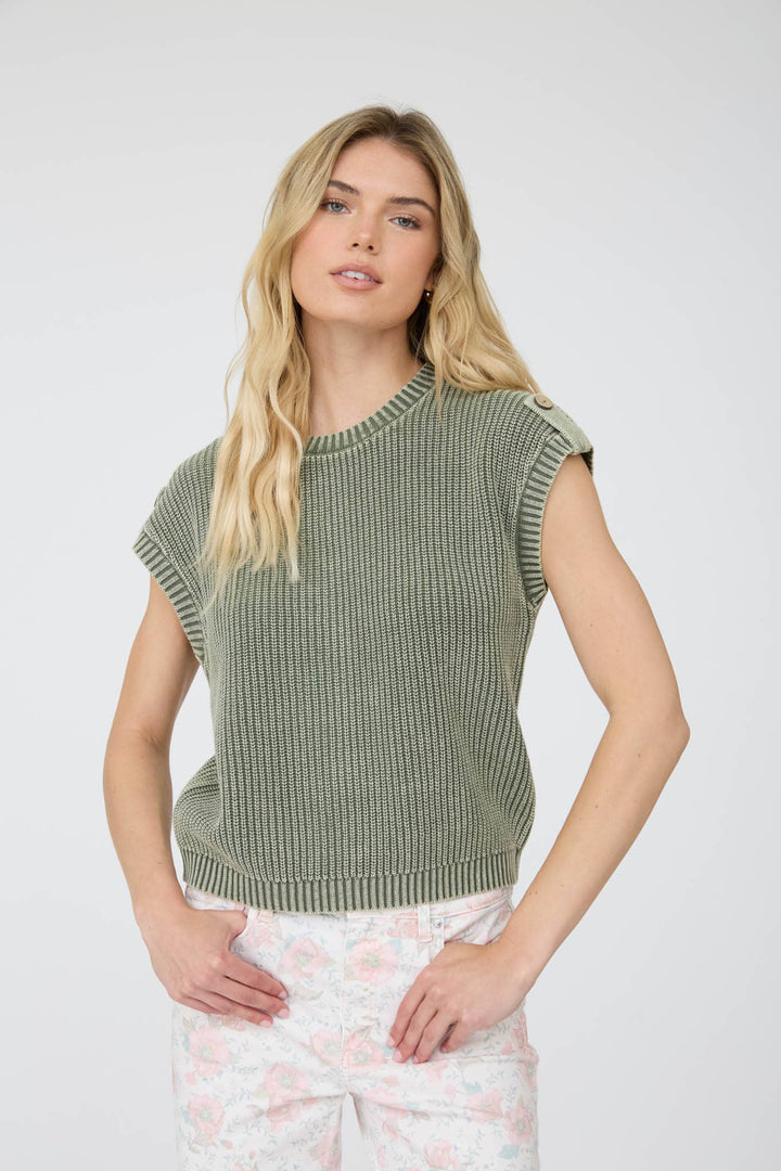Women's Short Sleeve - ACID WASHED TAB SLEEVE BACK BUTTON KNIT TOP: CHARCOAL - - Cultured Cloths Apparel