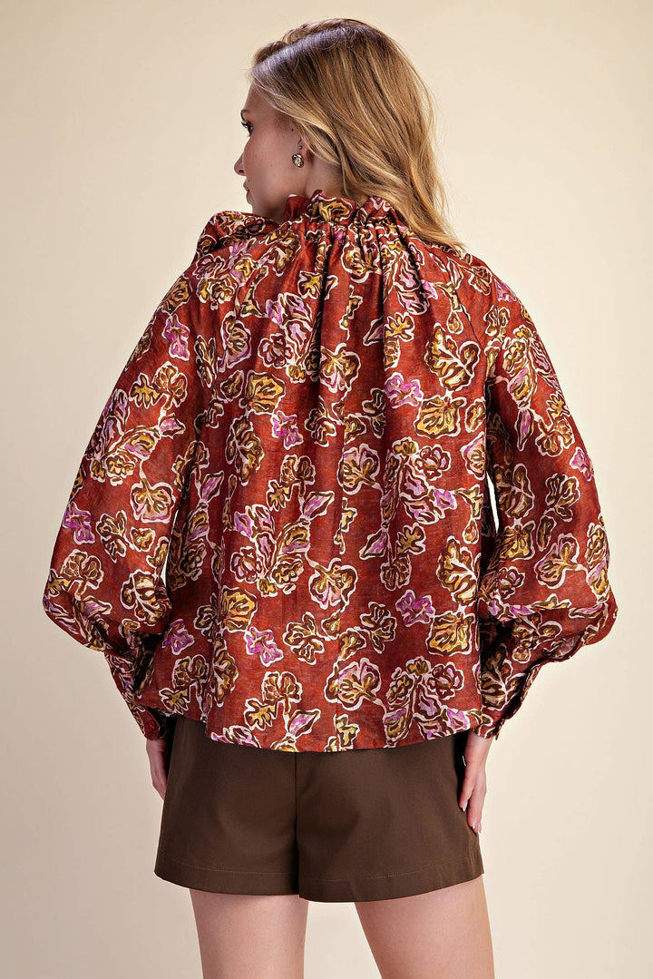 Ruffle Tie Neck Long Sleeve Print Blouse