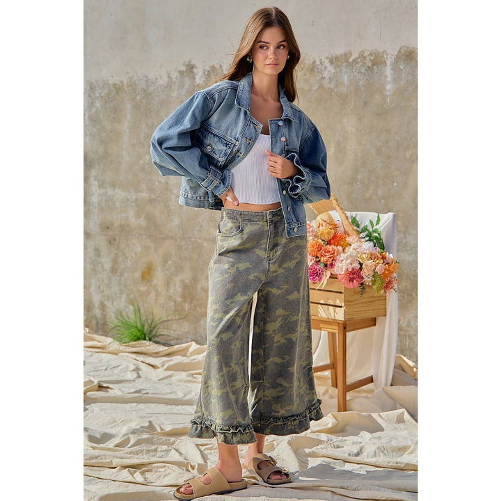 Pants - CAMOUFLAGE DENIM RUFFLED HEM MID RISE PANTS - - Cultured Cloths Apparel