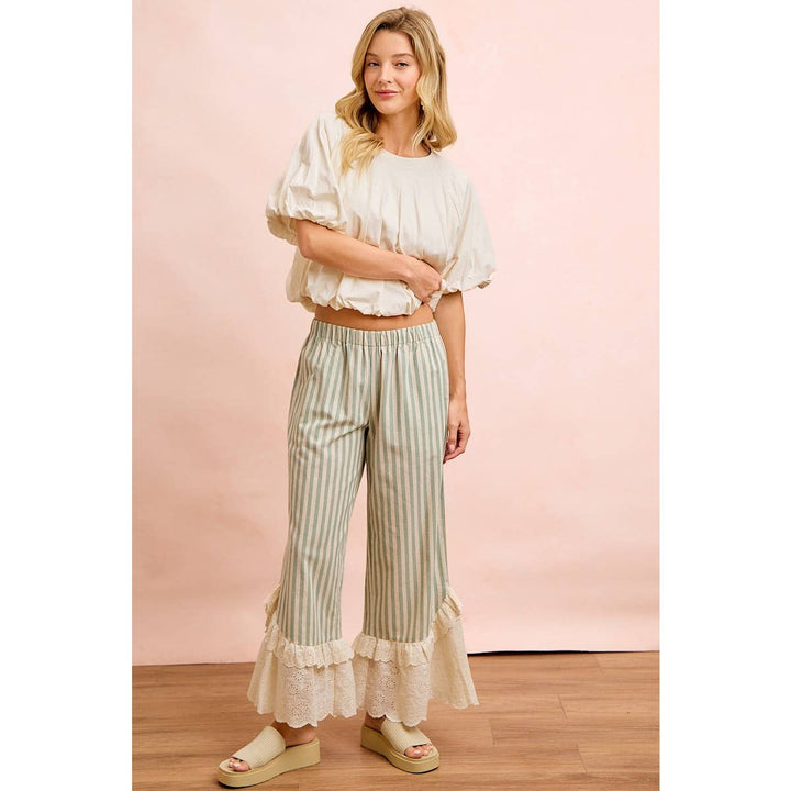 Pants - STRIPE WOVEN RUFFLED LACE HEM PANTS WITH SIDE POCKET - - Cultured Cloths Apparel