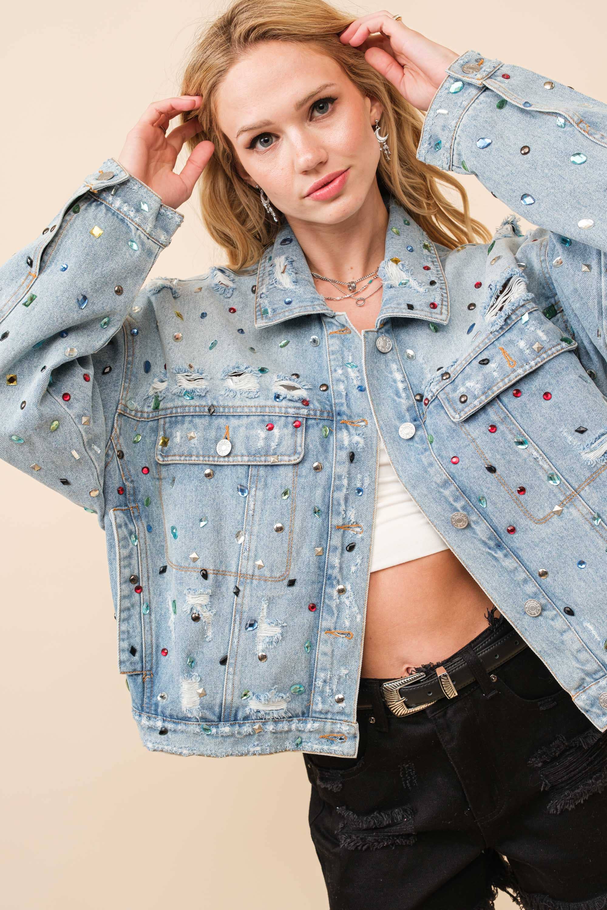 Distressed Jewel Embellish Stone Denim Jacket – Cultured Cloths