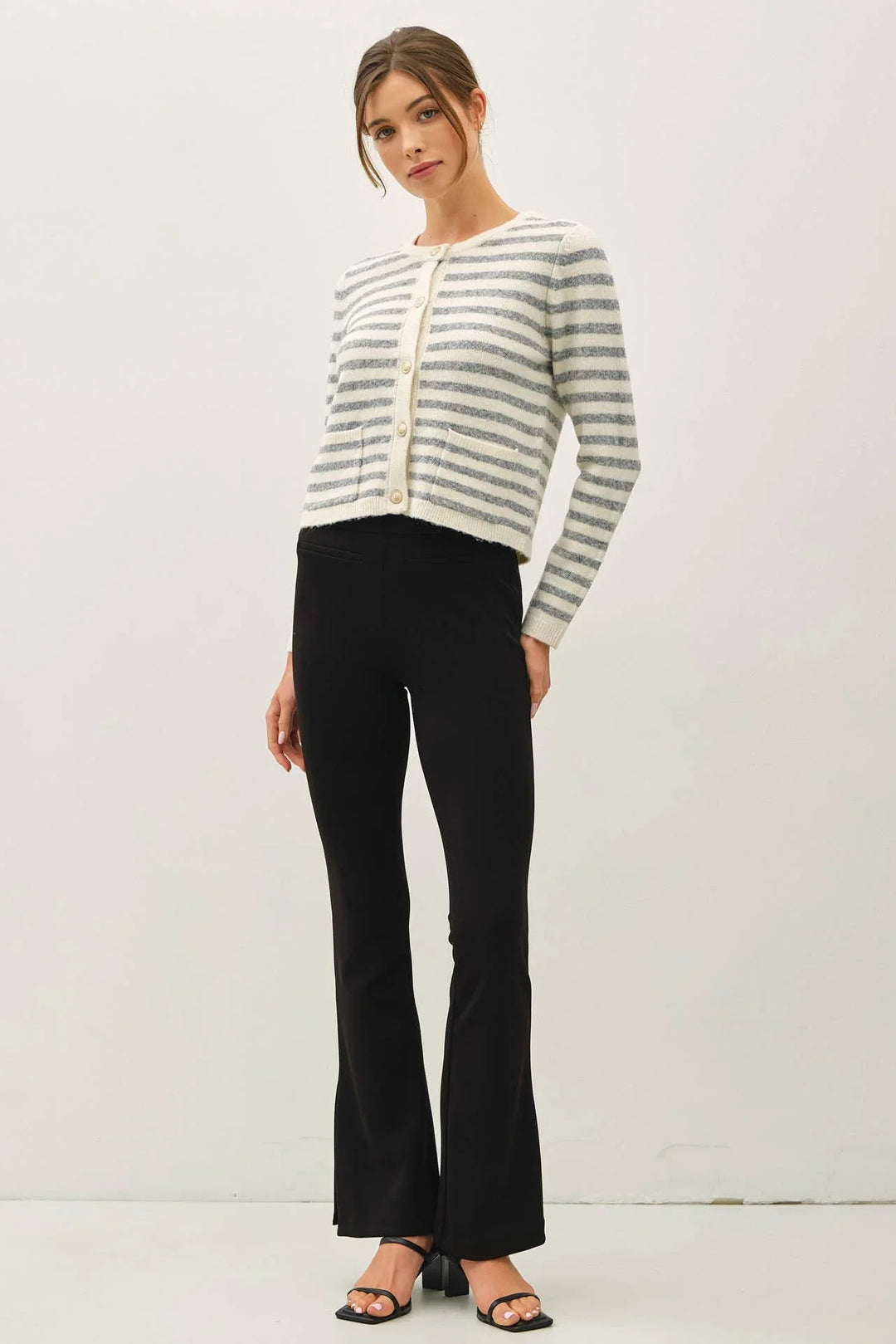 STRIPED WOOL BLEND BUTTON UP CARDIGAN