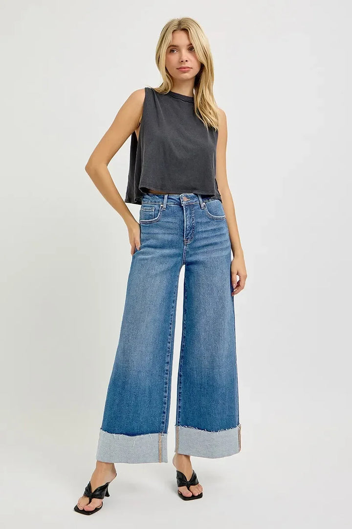Denim - RISEN Full Size Tummy Control High Rise Crop Wide Cuffed Jeans Plus Size - - Cultured Cloths Apparel