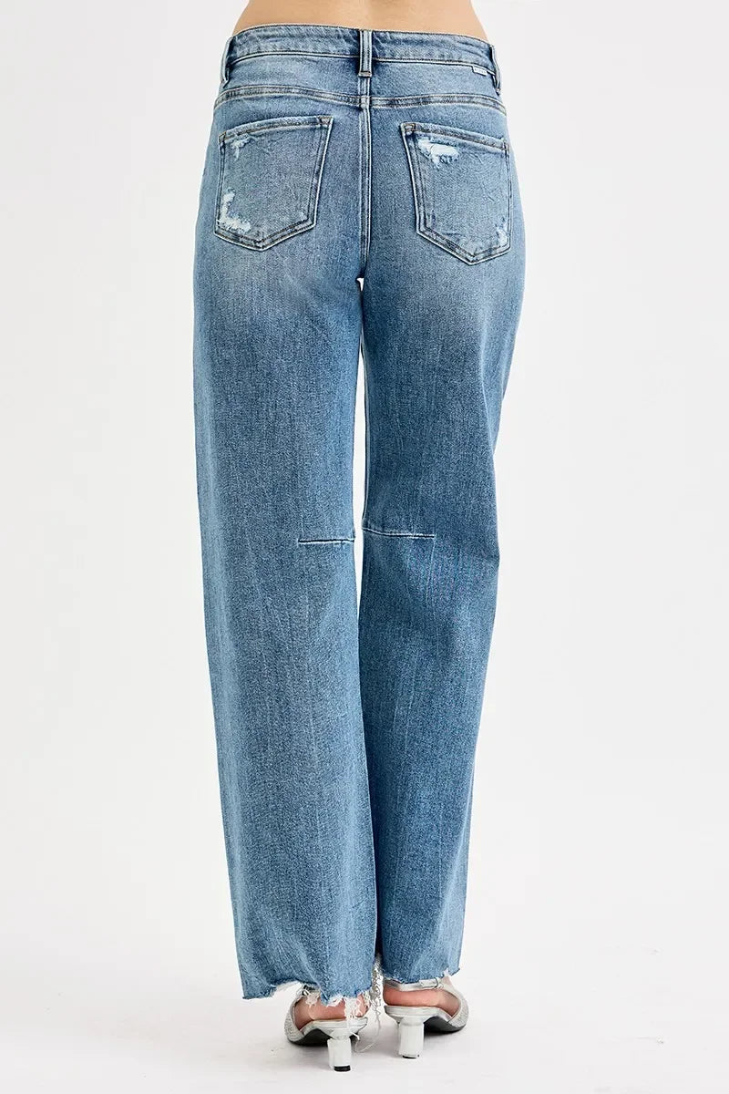 Denim - RISEN Full Size Mid Rise Fit Wide Baggy Leg Tie Washed Jeans - - Cultured Cloths Apparel