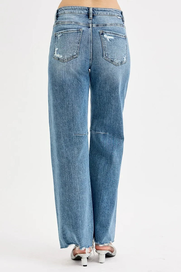 Denim - RISEN Full Size Mid Rise Fit Wide Baggy Leg Tie Washed Jeans - - Cultured Cloths Apparel