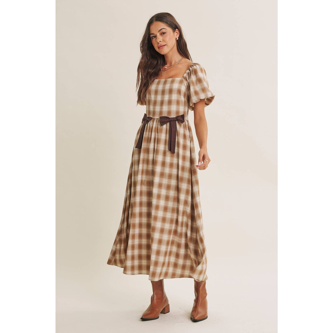 Women's Dresses - GOLDEN FIELD PLAID SMOCKED MIDI DRESS WITH CONTRAST BOW - - Cultured Cloths Apparel