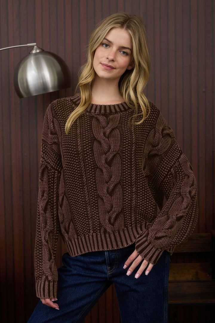 Women's Sweaters - WASHED CABLE KNIT PULLOVER SWEATER - - Cultured Cloths Apparel