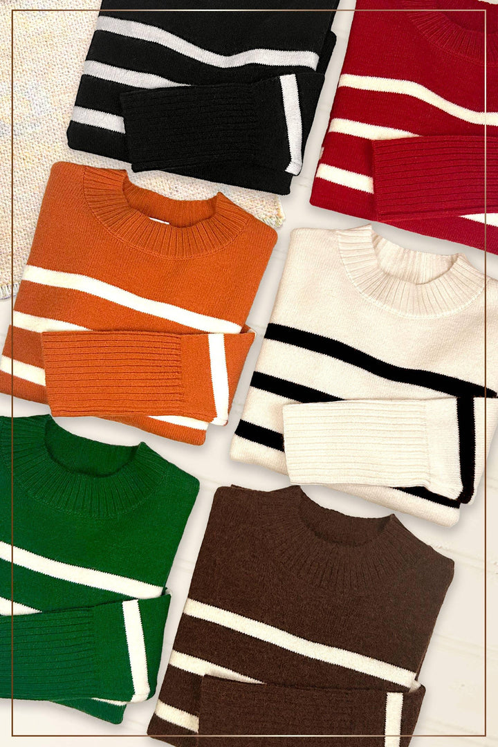 Striped Mock Neck Dolman Sleeve Loose Fit Sweater