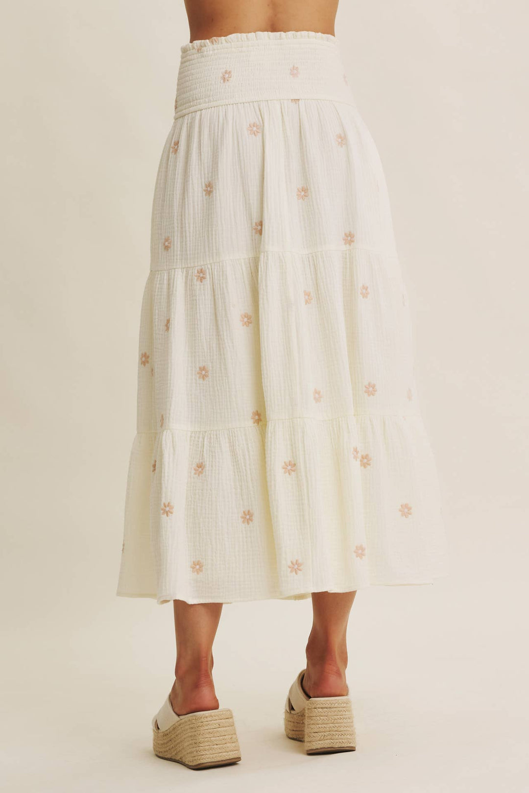 Women's Skirts - SUNSET FIELD EMBROIDERED COTTON GAUZE SMOCKED MIDI SKIRTS - - Cultured Cloths Apparel