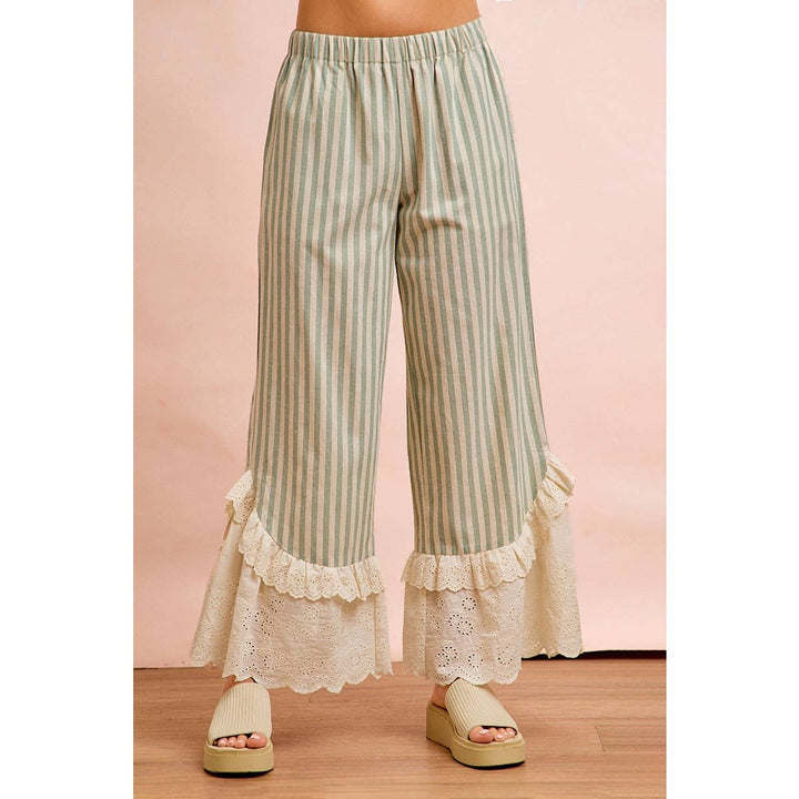 Pants - STRIPE WOVEN RUFFLED LACE HEM PANTS WITH SIDE POCKET - - Cultured Cloths Apparel
